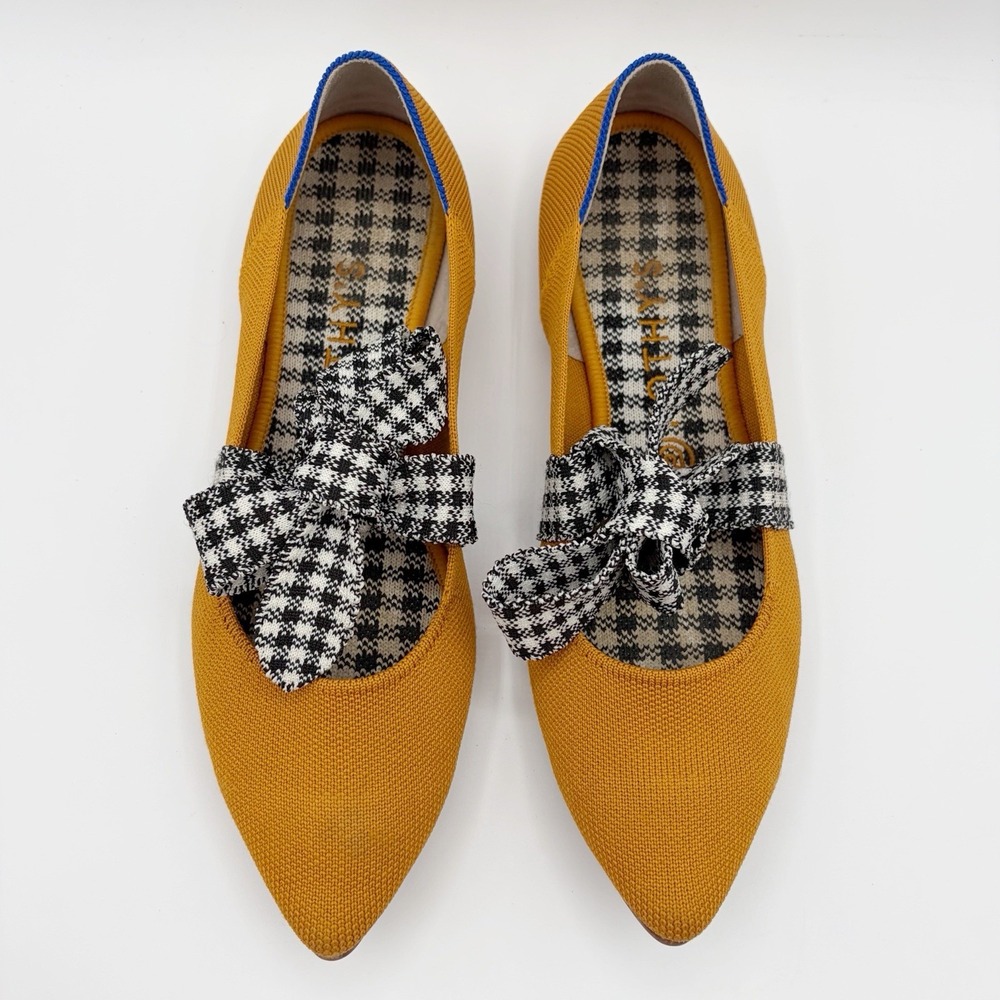 Rothy's The Mary Jane Golden Gingham Yellow Houndstooth Bow Flat Size 9.5